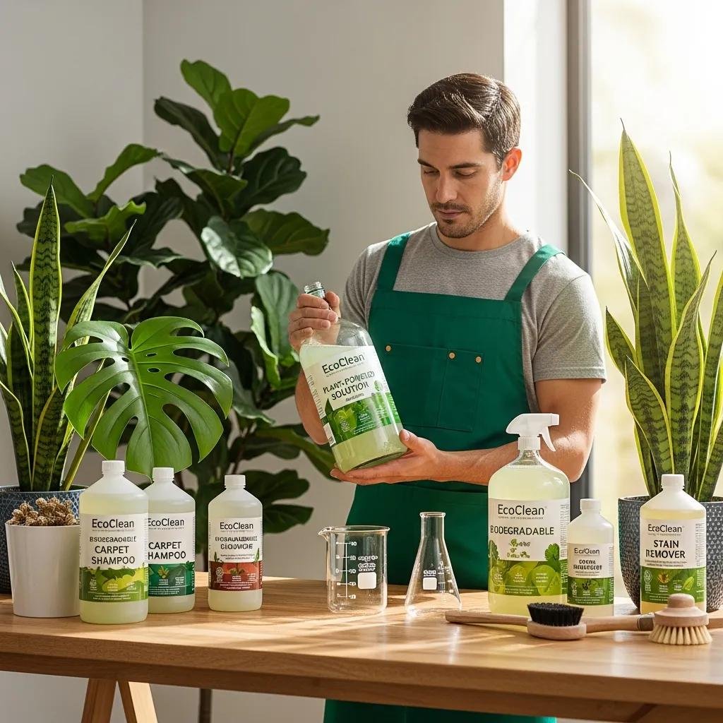 Eco-friendly carpet cleaning supplies and a technician preparing equipment