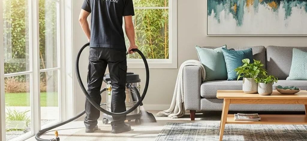 Professional carpet cleaning service in a bright living room with clean carpets and a technician at work