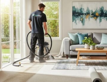 Professional carpet cleaning service in a bright living room with clean carpets and a technician at work