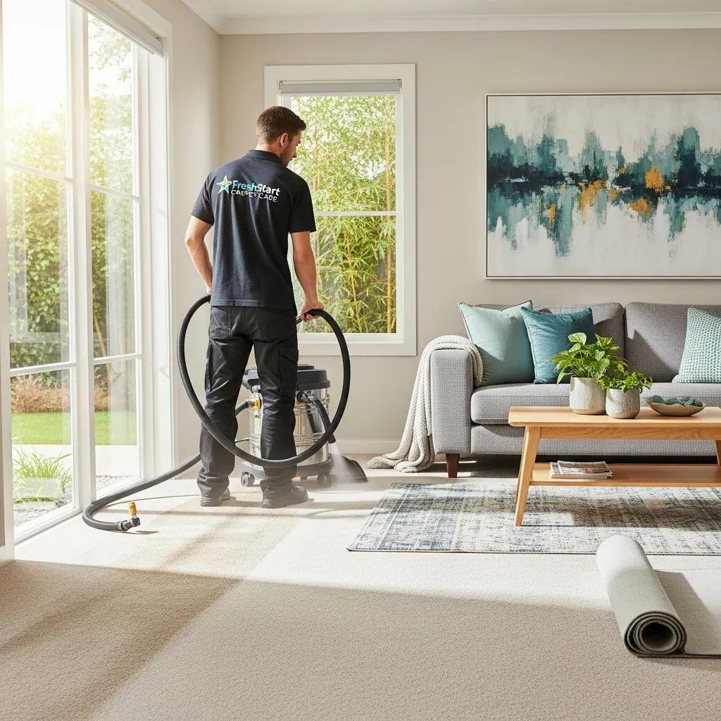 Professional carpet cleaning service in a bright living room with clean carpets and a technician at work