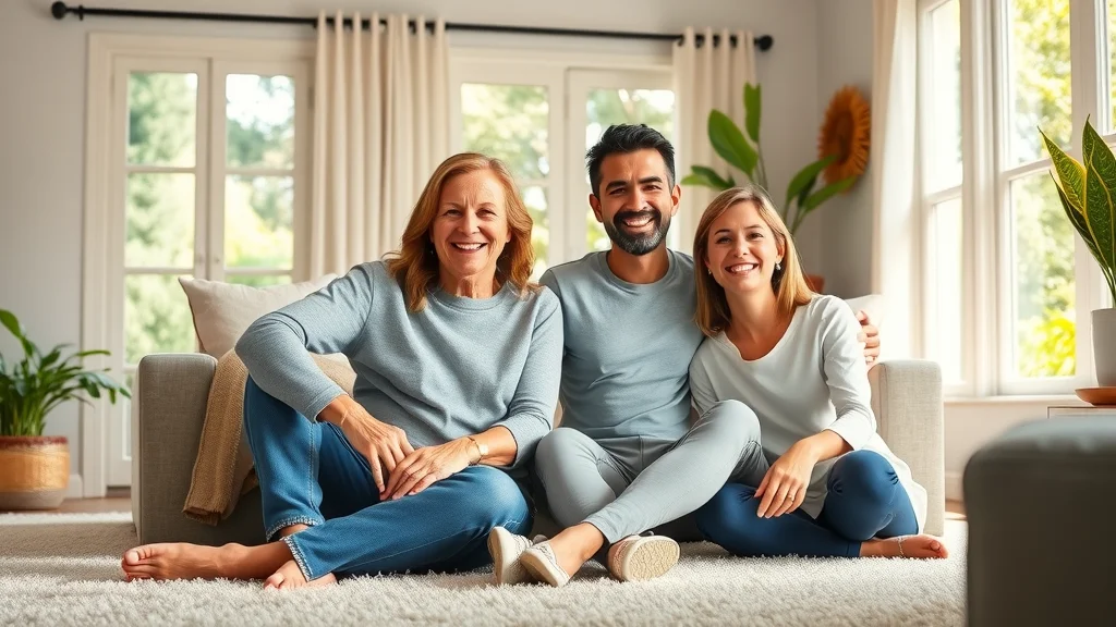 A satisfied Sierra Madre couple in a freshly cleaned, sunlit living room with a fluffy carpet; open windows and greenery seen outside, relaxed and happy.