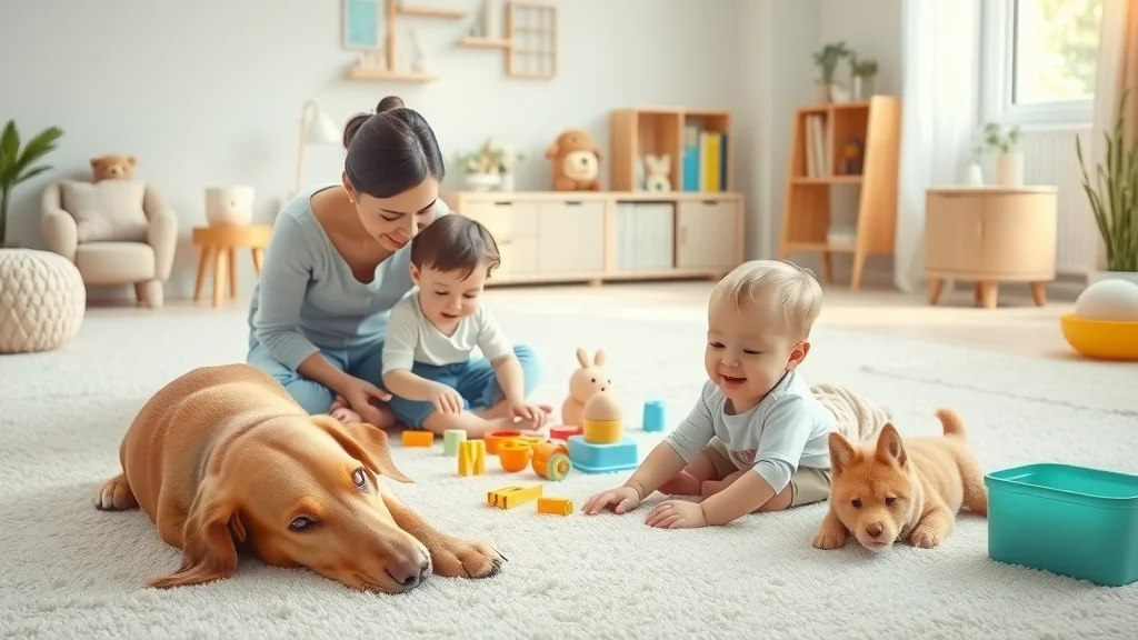 Bright residential playroom with a parent and small child playing on a clean carpet alongside a resting family dog in Sierra Madre, CA, with vibrant colors and sunlight.
