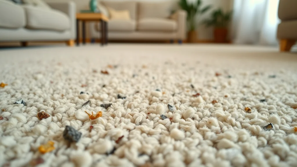 A photorealistic macro detailed shot of a residential carpet in Sierra Madre, CA, revealing visible dust mites, allergen particles, pet hair, and everyday debris in earth tones under soft daylight.