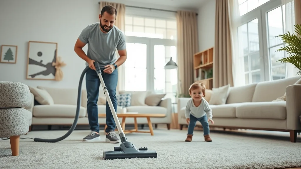 Modern Sierra Madre family vacuuming their living room carpet with a HEPA vacuum and cheerful teamwork, surrounded by a dust-free, naturally lit room.