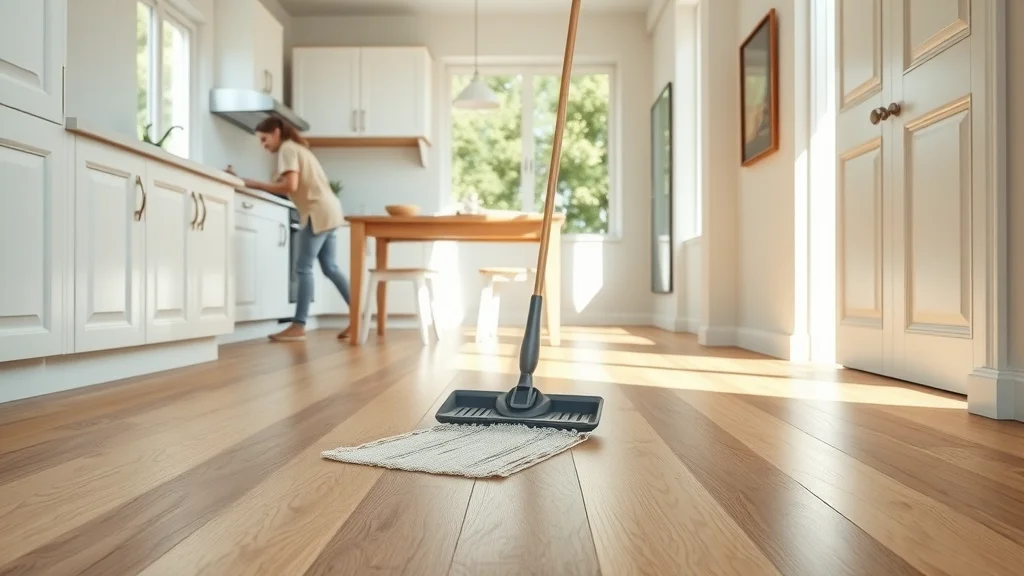 Clean, modern kitchen with person sweeping hardwood floors, photorealistic, spacious area with natural light, clear wooden floor, dust being swept, sharp detail, high realism, glossy reflection, light woods and greenery, morning sunlight, 35mm lens.