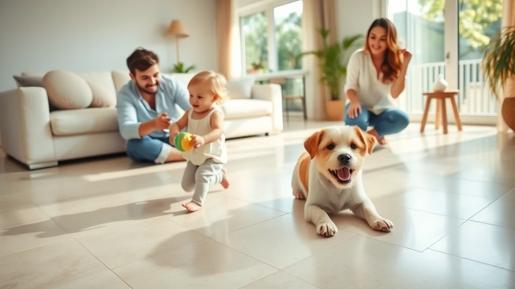 Family with child and pet playing happily on freshly cleaned tile floor, illustrating the comfort and safety of regular tile and grout cleaning