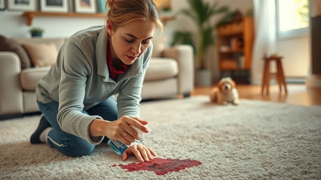 Homeowner spot cleaning carpet with spray bottle on stain, pet dog watching, focused cleaning, residential stain removal solution - clean carpet maintenance