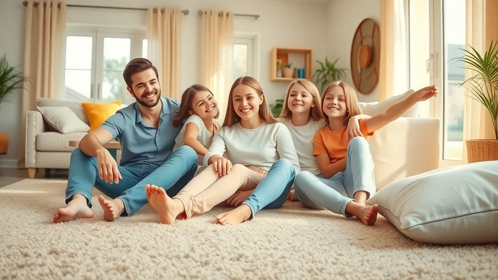 Bright, inviting family living room with plush, freshly cleaned beige carpet. Warm sunlight streams through large windows, highlighting the realistic carpet fibers and cozy family atmosphere.