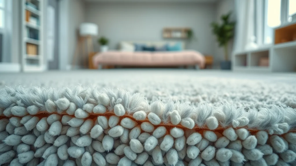 Microscopic view inside a carpet in Mayflower Village, illustrating trapped allergens, pollen, bacteria, and dust in realistic fiber cross-section.