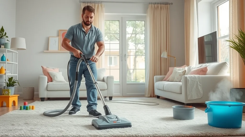 Professional carpet cleaner in Mayflower Village using advanced equipment in a family living room with children’s toys and a pet bowl present.