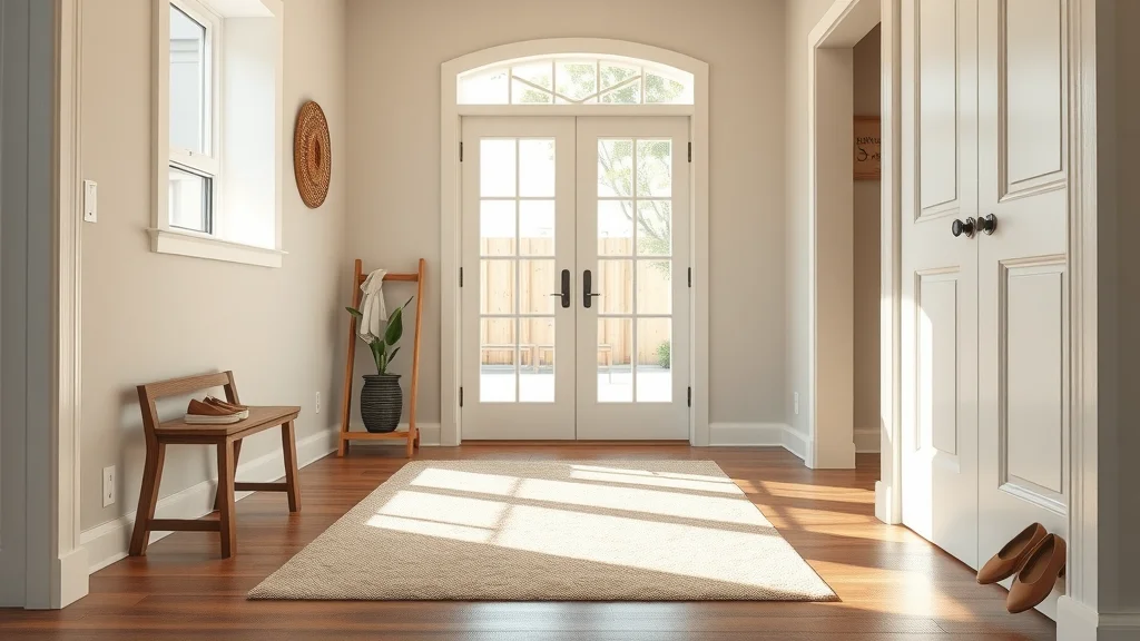 Clean modern entry foyer of Bradbury home with area rug and welcome mat in sunlight