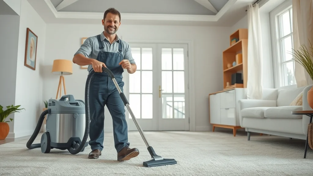 Professional carpet cleaning technician using modern steam cleaning equipment, visible water extraction, in a bright home interior - deep cleaning residential carpet