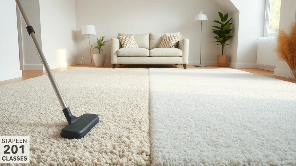 A photorealistic split-screen carpet showing one side after regular vacuuming and the other after professional steam cleaning in Sierra Madre, CA; vibrant cleanliness, crisp fibers, and improved texture are visible.