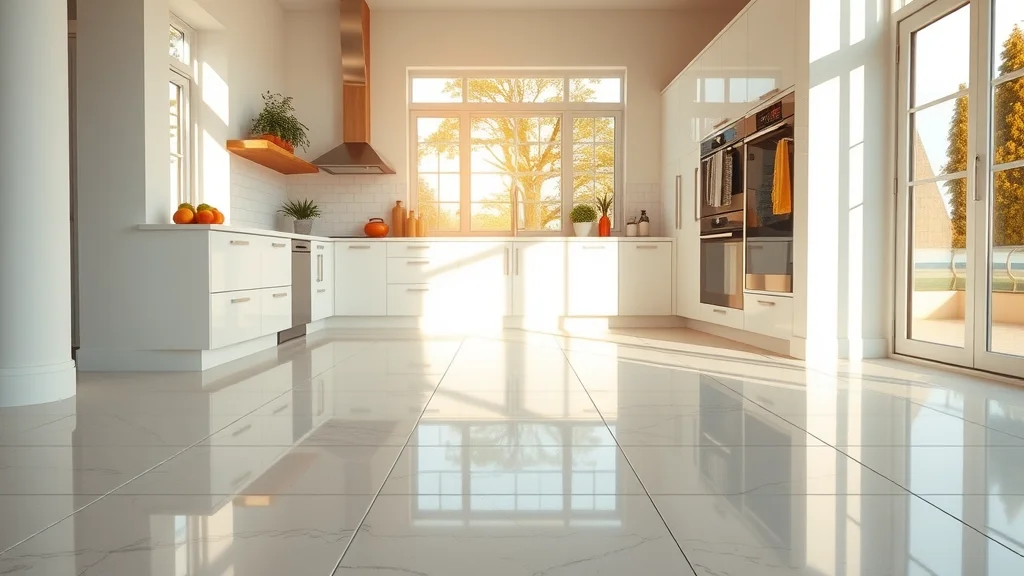 Bright, sunlit kitchen with sparkling tile floors and clean grout, showing the outcomes of a professional tile and grout cleaning service