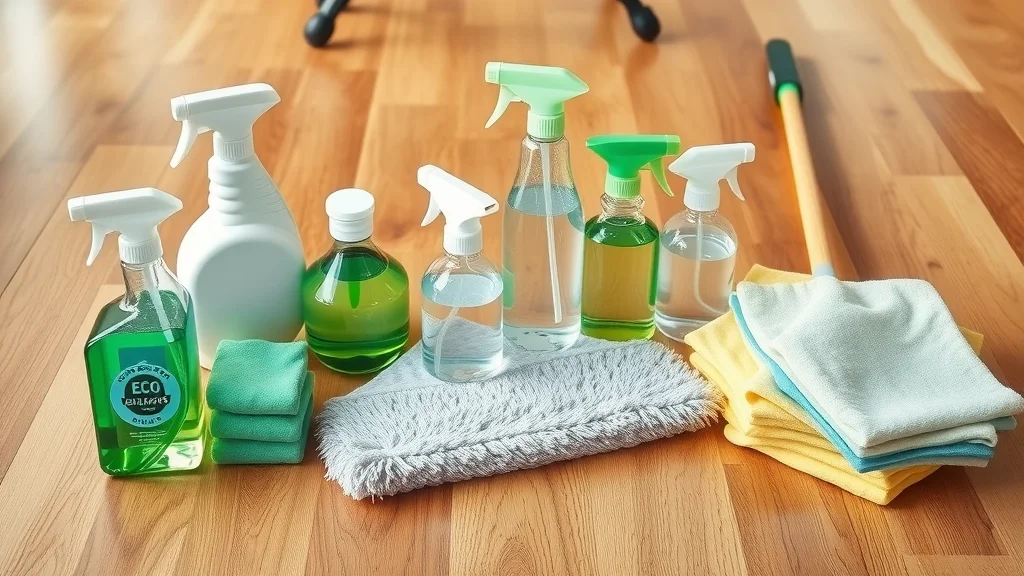 Assorted wood floor cleaning supplies neatly arranged, photorealistic, on shiny hardwood floor, eco-friendly spray bottles, microfiber mops, soft cloths, natural solutions, sharp focus, high detail, glossy wood reflections, greens, blues, clear glass, neutral daylight, 50mm lens.