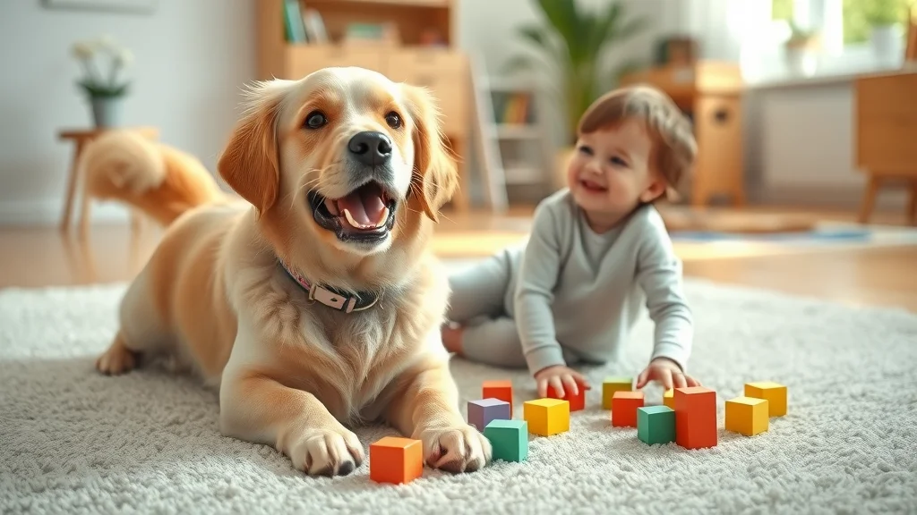 Golden retriever dog and young child playing on a clean, colorful carpet, vibrant home space, cleanliness and pet-friendly residential living