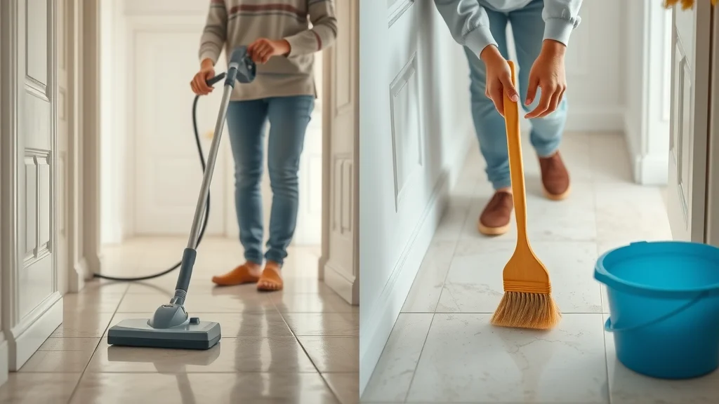 A split image comparing steam cleaning of tile floors on one side versus standard manual grout line scrubbing on the other, highlighting results