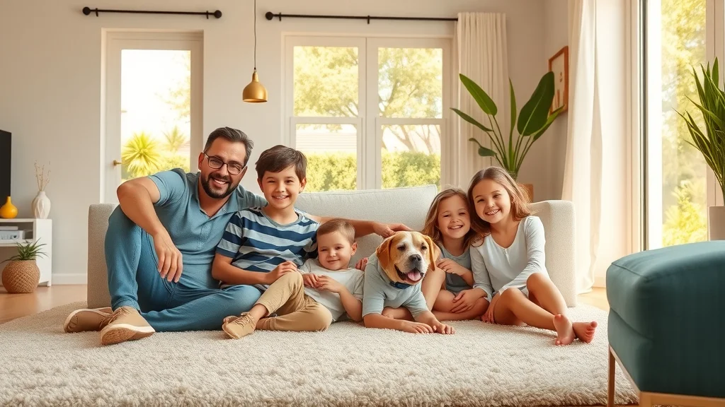 A cheerful Sierra Madre family with children and a dog enjoying a clean, plush carpet in a sunlit, modern living room with healthy indoor greenery and California sunshine outside.