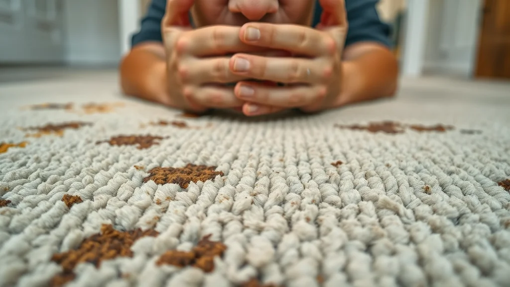 Close-up of stained and worn residential carpet fibers, visible clean and dirty sections, showing matting and pet fur, macro view - clean carpet professional cleaning