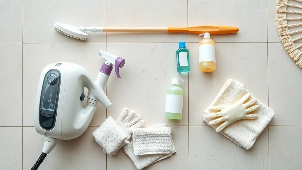Flatlay of professional tile and grout cleaning supplies including steam cleaner and brushes, essential for grout cleaning pros