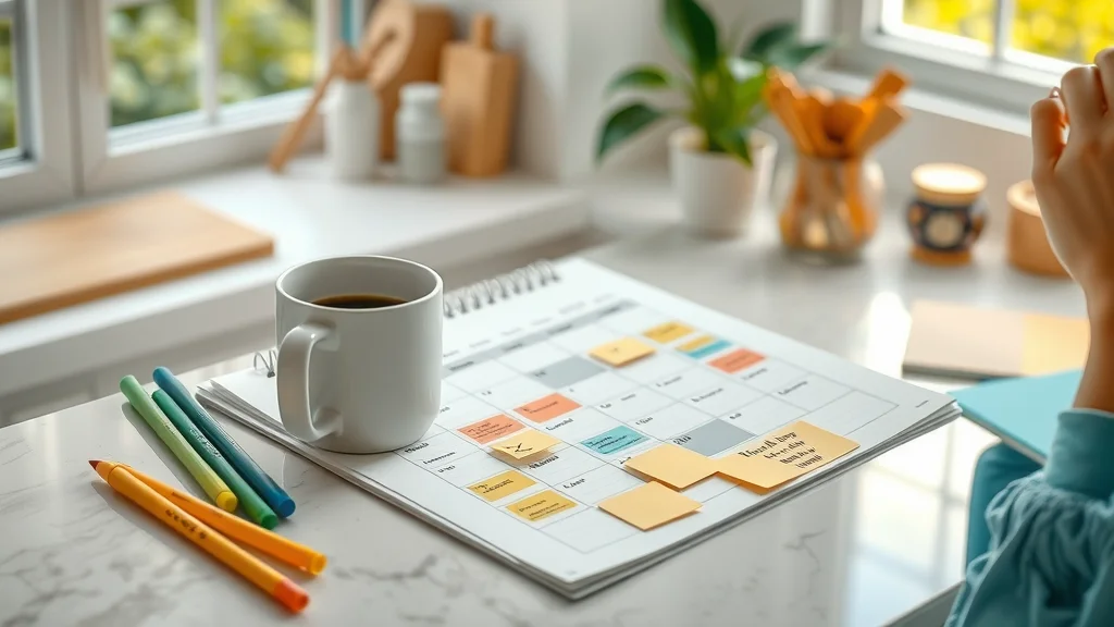 Calendar with highlighted carpet cleaning dates on a kitchen counter in Mayflower Village. Colored pens, notes, and cheerful family details present.