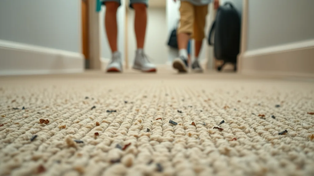 Detailed close-up of a carpet in a busy hallway in Mayflower Village, showing visible foot traffic patterns and fine debris trapped in carpet fibers under soft indoor lighting.