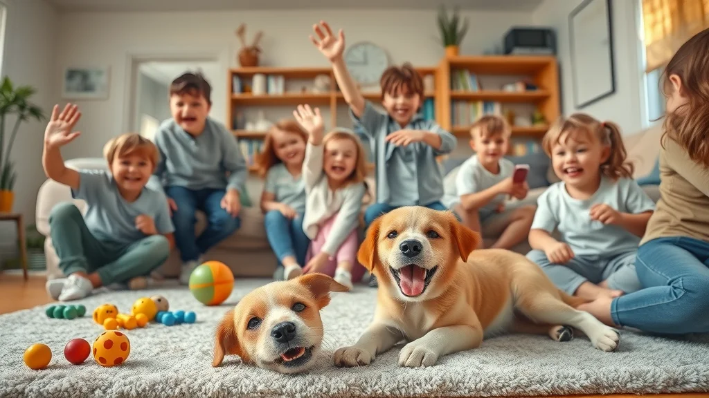 Lively Bradbury family room with children playing and happy dog on clean carpet