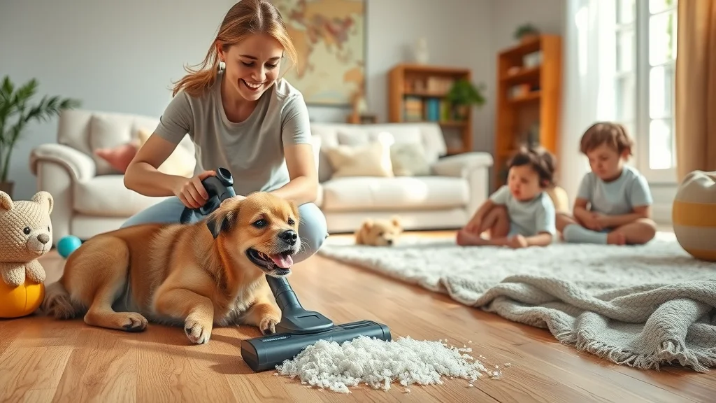 Cheerful pet owner vacuuming pet hair from hardwood floor, happy, caring, photorealistic, cozy family room, dog lounging, children playing, vacuum gathering pet hair, soft fur and wood detail, color pops, diffused morning sunlight, 35mm lens.