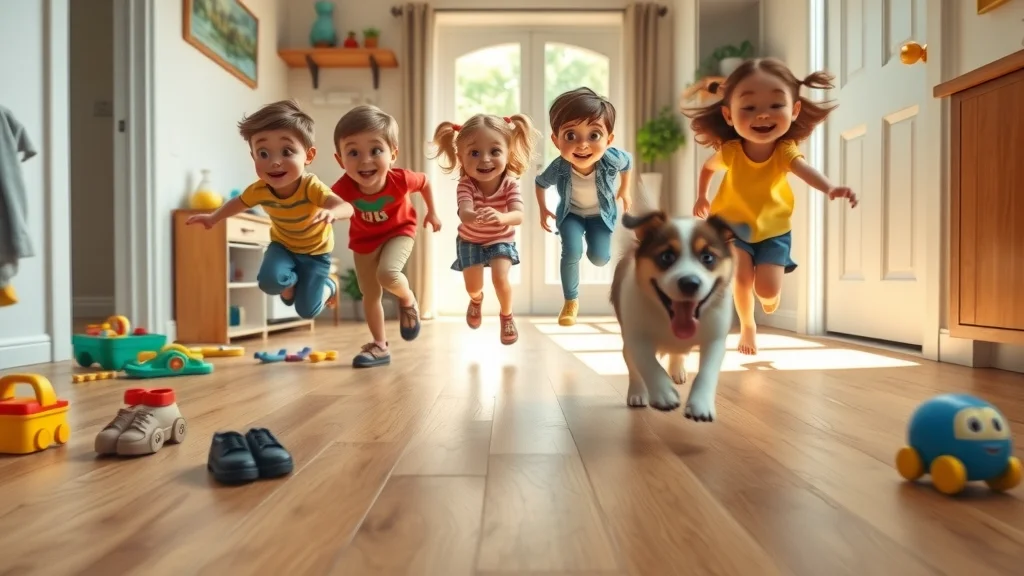 Active family with kids and pets on a hardwood floor, everyday joy, photorealistic, bustling home with toys and shoes, dog playing, dynamic motion blur, realistic shadowing and wood details, cheerful colors, natural browns, afternoon lighting, 35mm lens.